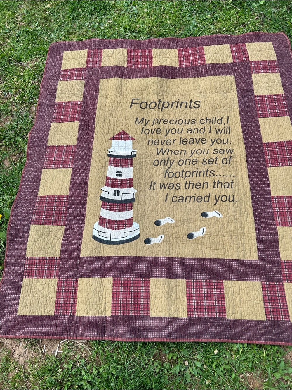 Footprints Lighthouse Patchwork Quilt - Red, Tan, Cream